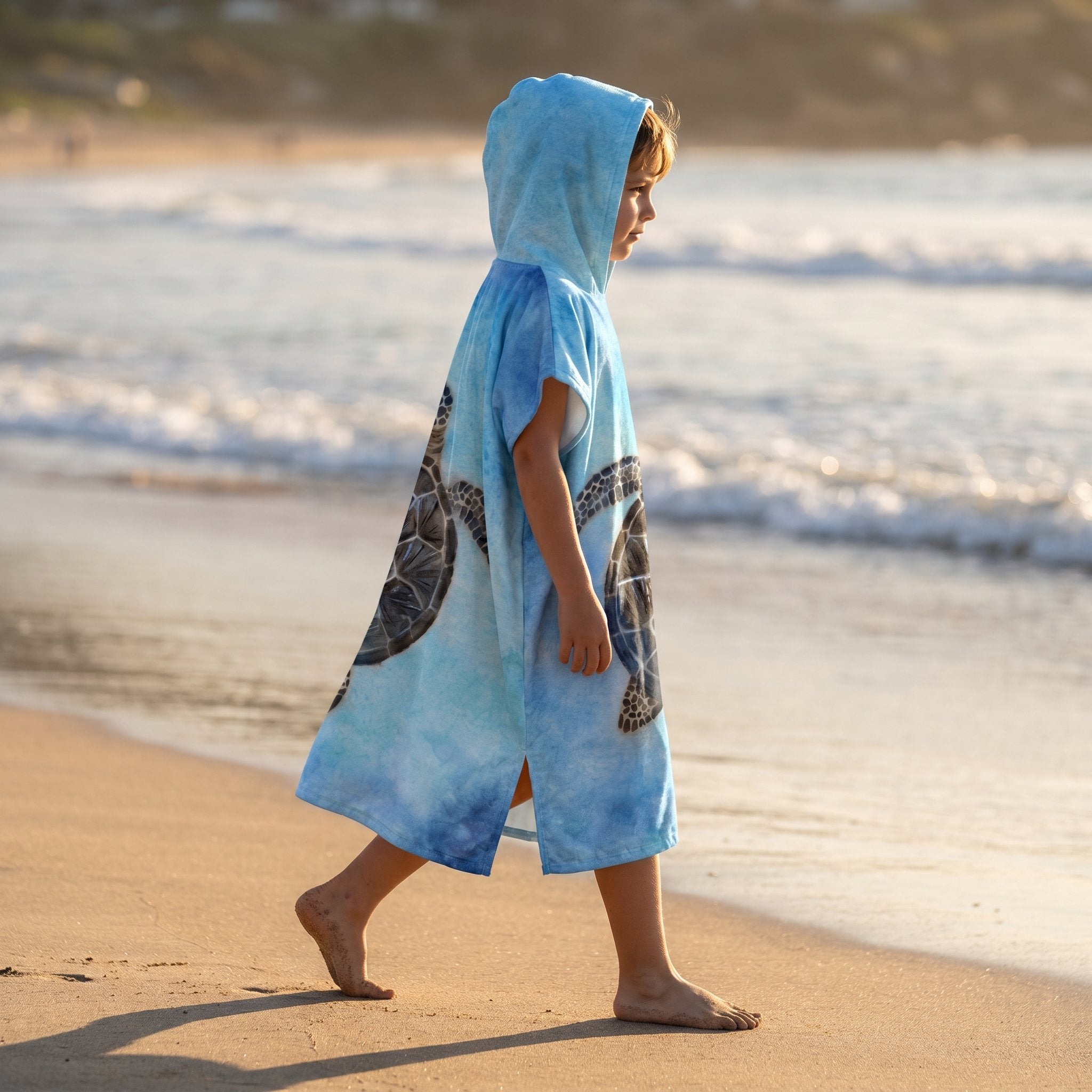Poncho serviette à capuche motif tortue marine, porté par un enfant marchant sur la plage.