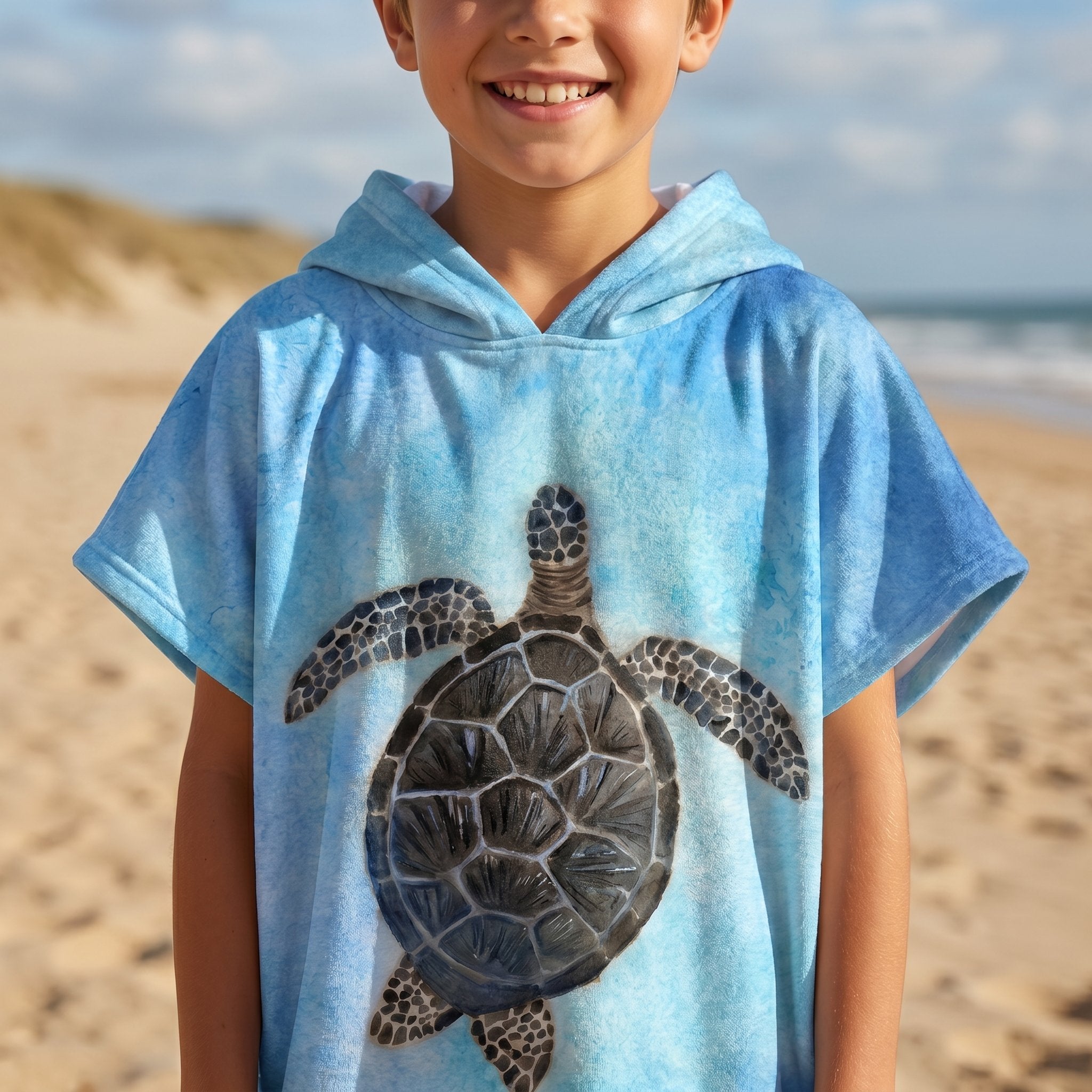 Poncho serviette à capuche motif tortue marine, porté par un enfant souriant, cadrage serré.