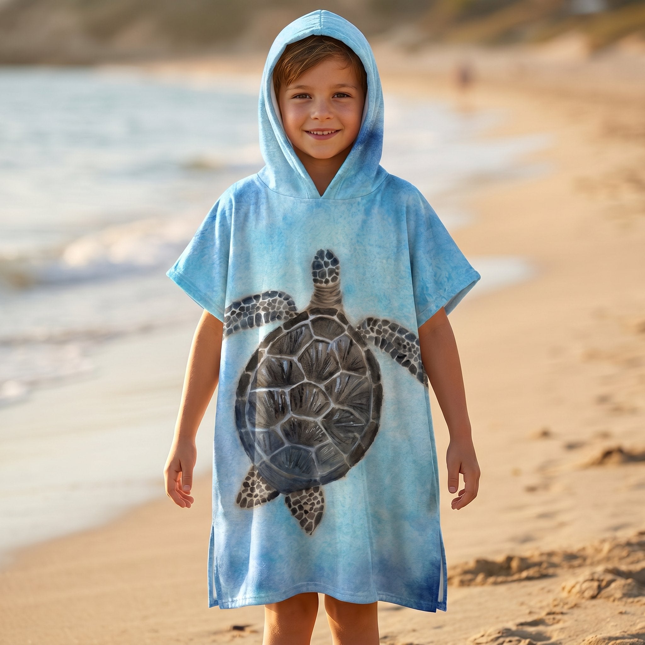 Poncho serviette à capuche motif tortue marine, porté par un enfant debout sur le sable, vue de face.