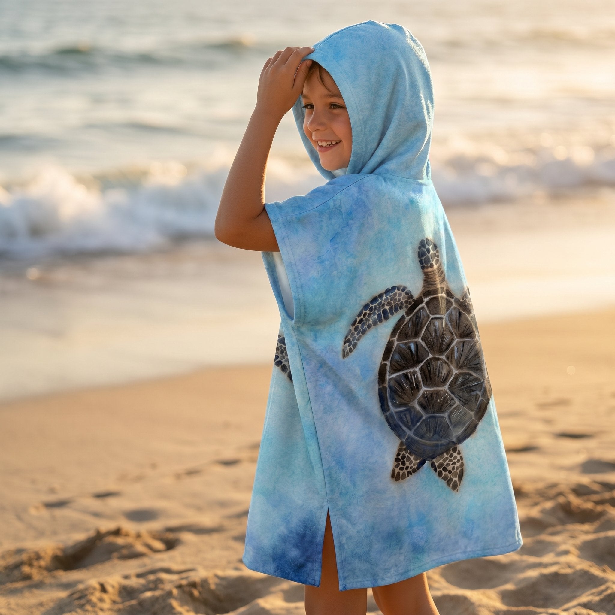 Poncho serviette à capuche motif tortue marine, porté par un enfant de dos sur la plage, regardant à droite.