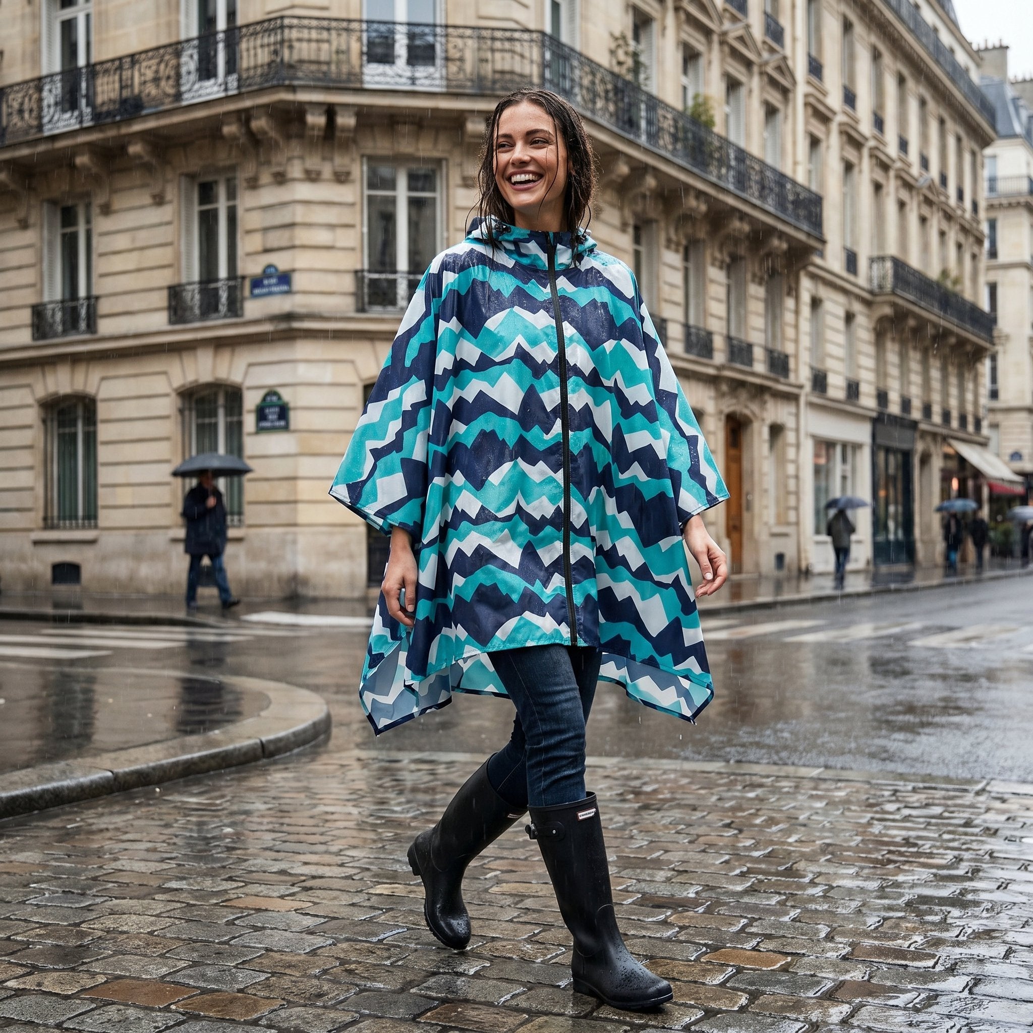 Poncho de pluie à capuche motif chevrons turquoise, porté par une femme souriante marchant dans la rue sous la pluie.