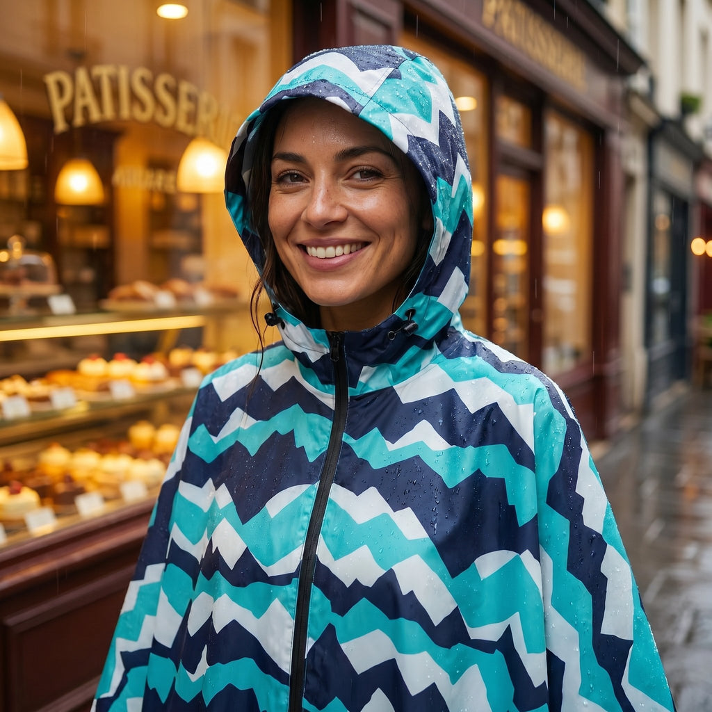 Poncho de pluie à capuche motif chevrons turquoise, porté par une femme souriante, cadrage serré.