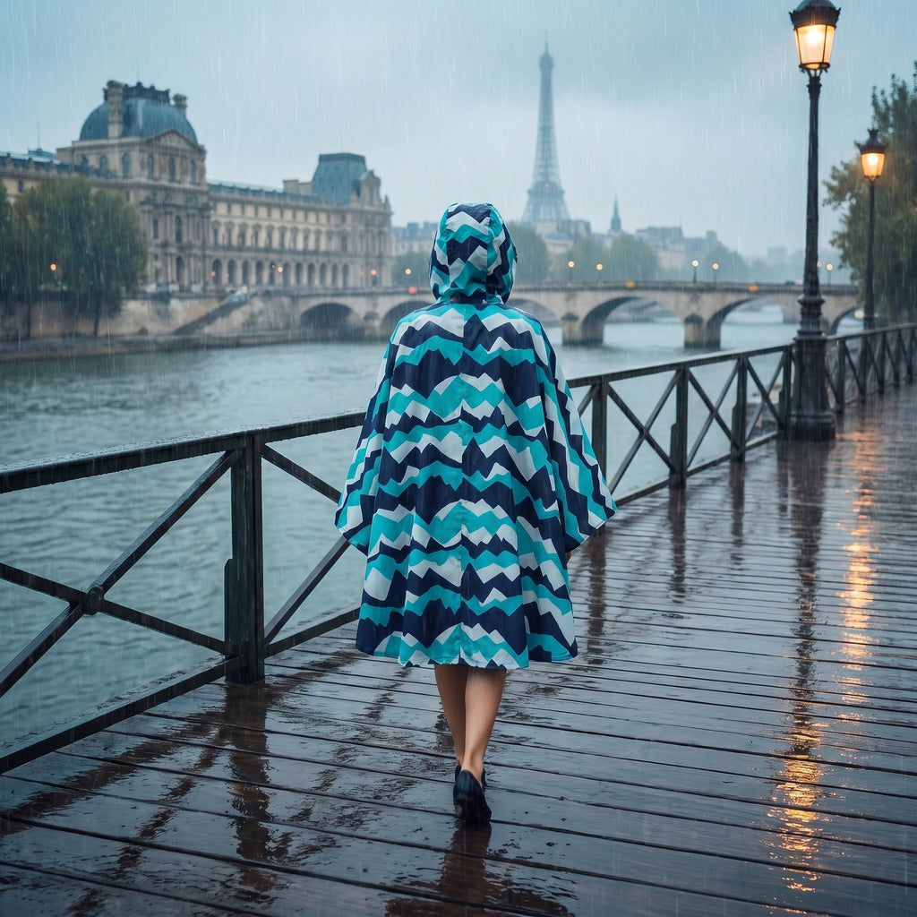 Poncho de pluie à capuche motif chevrons turquoise, porté par une femme vue de dos, marchant le long d'une rivière.