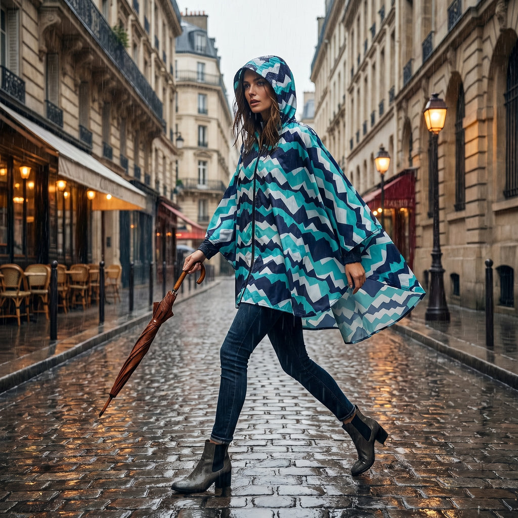 Poncho de pluie à capuche motif chevrons turquoise, porté par une femme marchant de profil dans une rue pavée.
