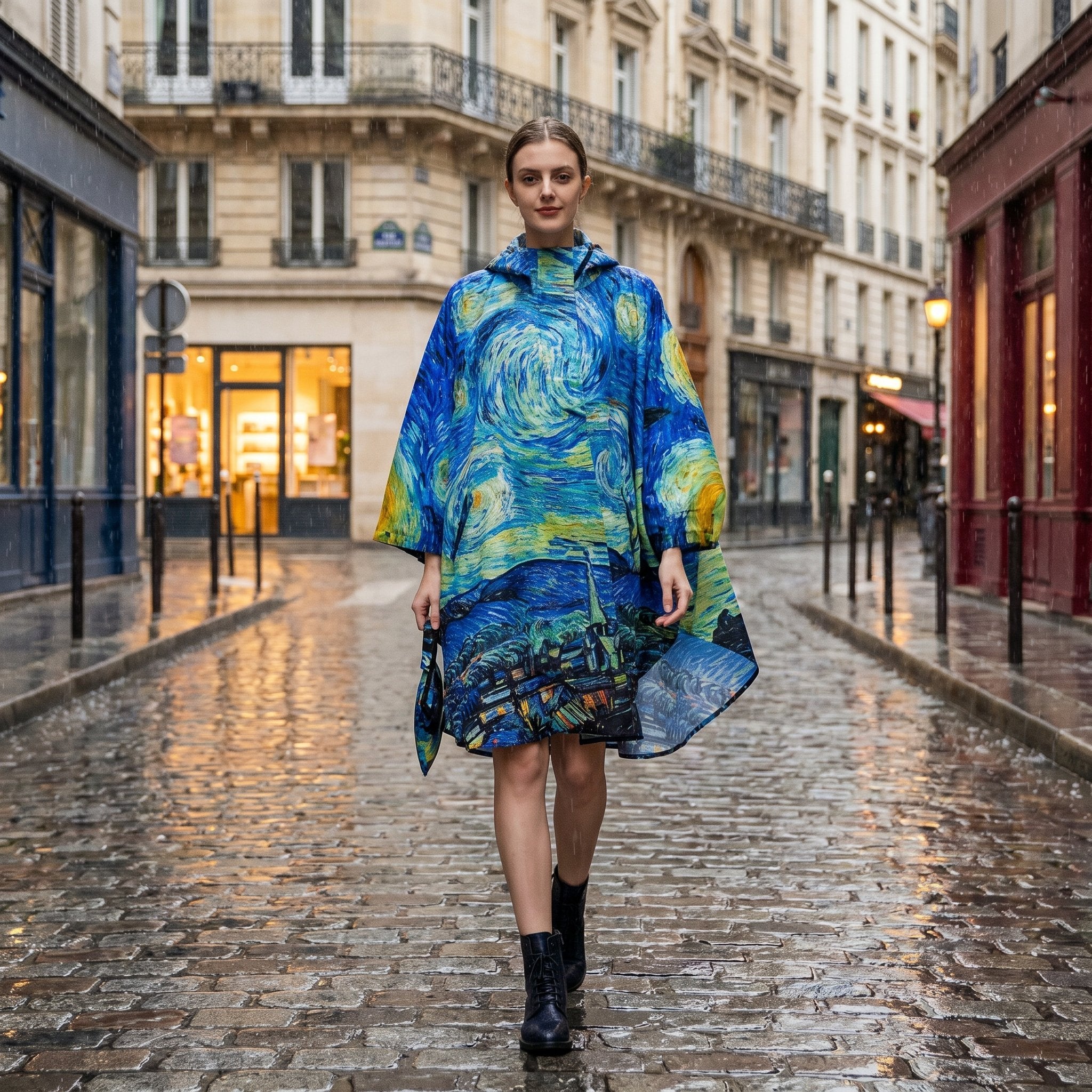 Poncho de pluie à capuche motif Ciel étoilé, porté par une femme marchant sur une rue pavée mouillée.
