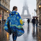 Poncho de pluie à capuche motif Ciel étoilé, porté par une femme vue de dos, marchant sur une rue mouillée.