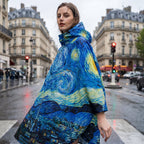 Poncho de pluie à capuche motif Ciel étoilé, porté par une femme posant au milieu d'une intersection urbaine.