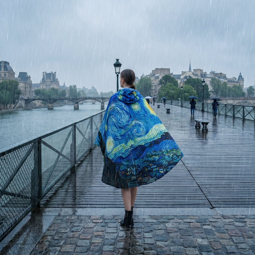 Poncho de pluie à capuche motif Ciel étoilé, porté par une femme de dos, sur un pont en bois sous la pluie.