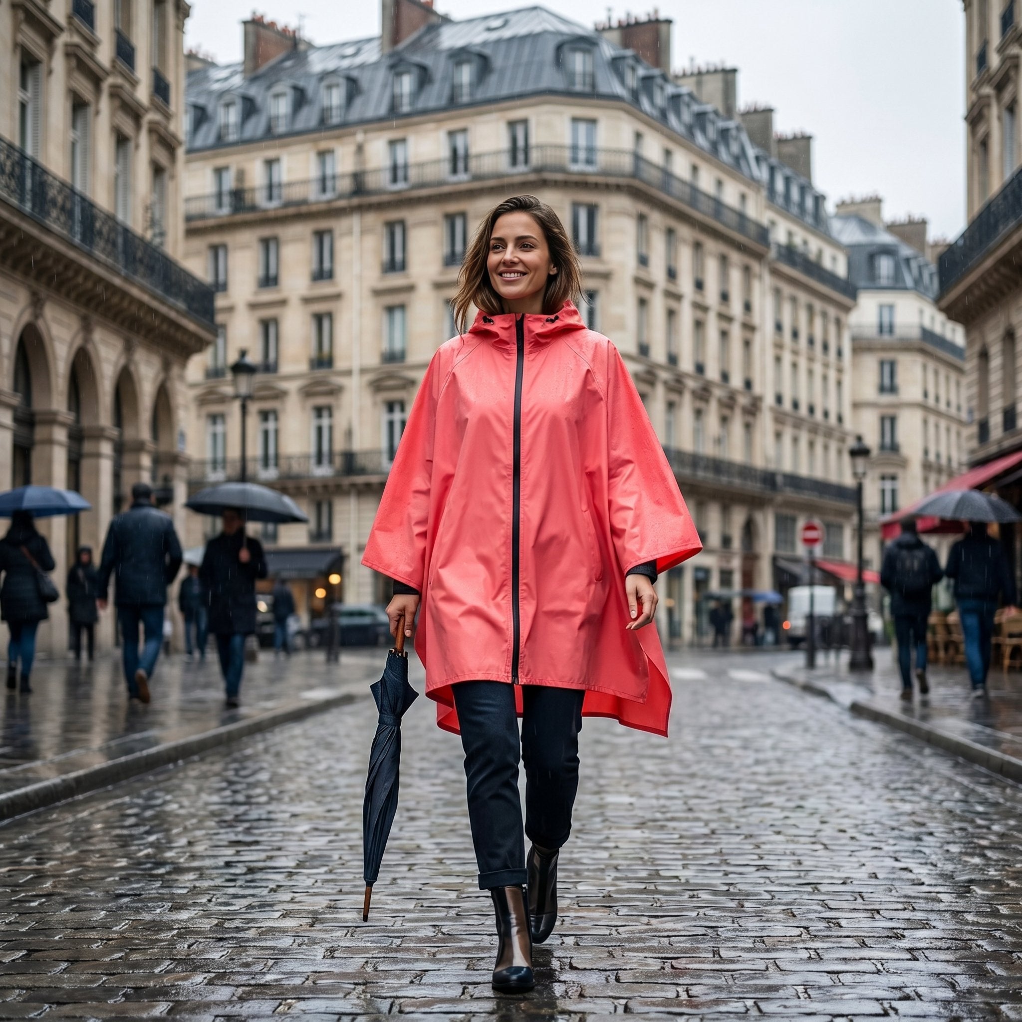 Poncho de pluie à capuche corail uni, porté par une femme souriante marchant dans une rue pavée sous la pluie.