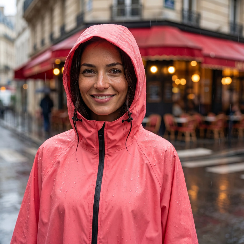 Poncho de pluie à capuche corail uni, porté par une femme souriante, gros plan sur le visage et la capuche.