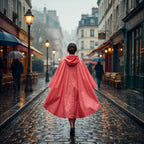 Poncho de pluie à capuche corail uni, porté par une femme marchant de dos dans une ruelle pavée sous la pluie.