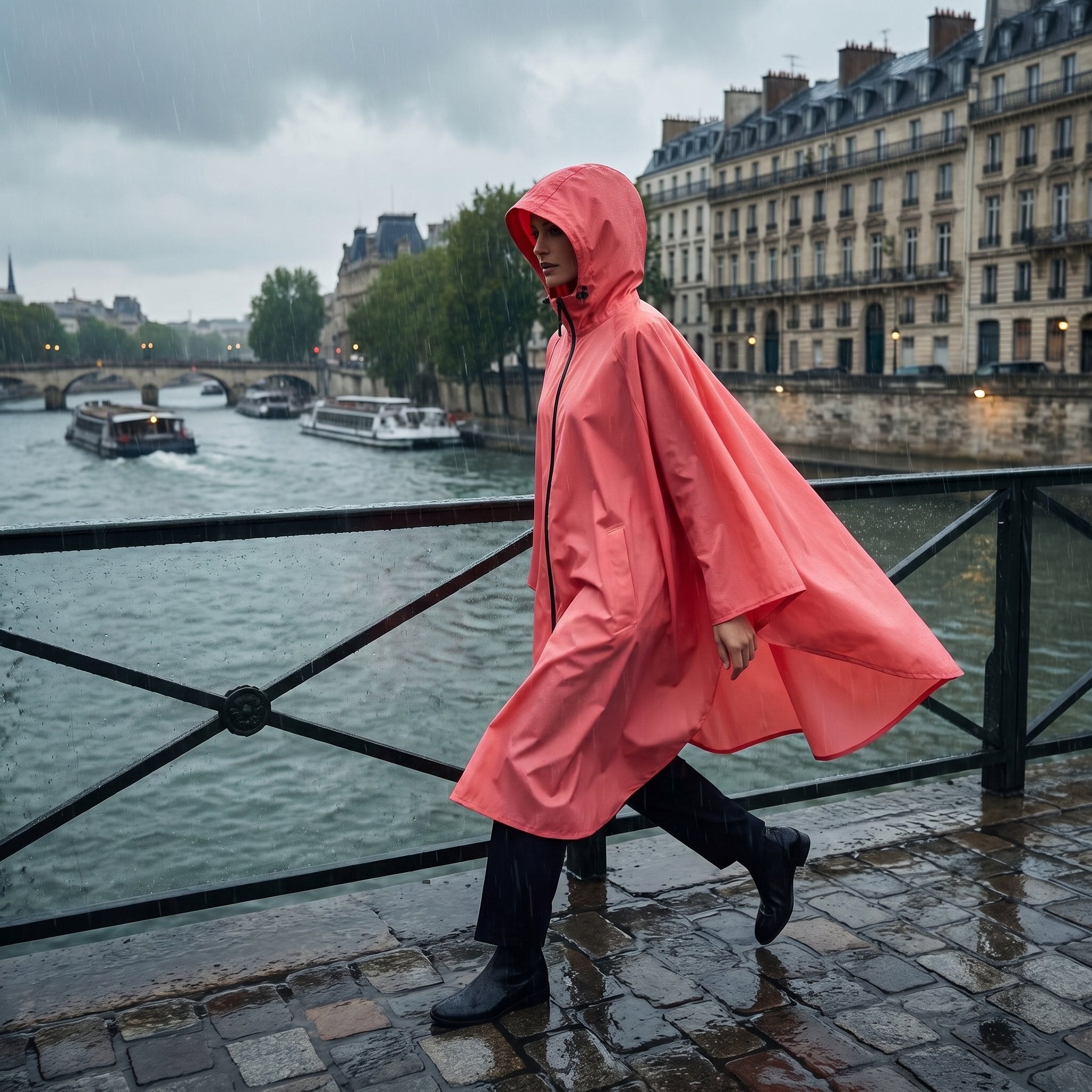 Poncho de pluie à capuche corail uni, porté par une femme marchant de profil sur un pont au-dessus d'une rivière.
