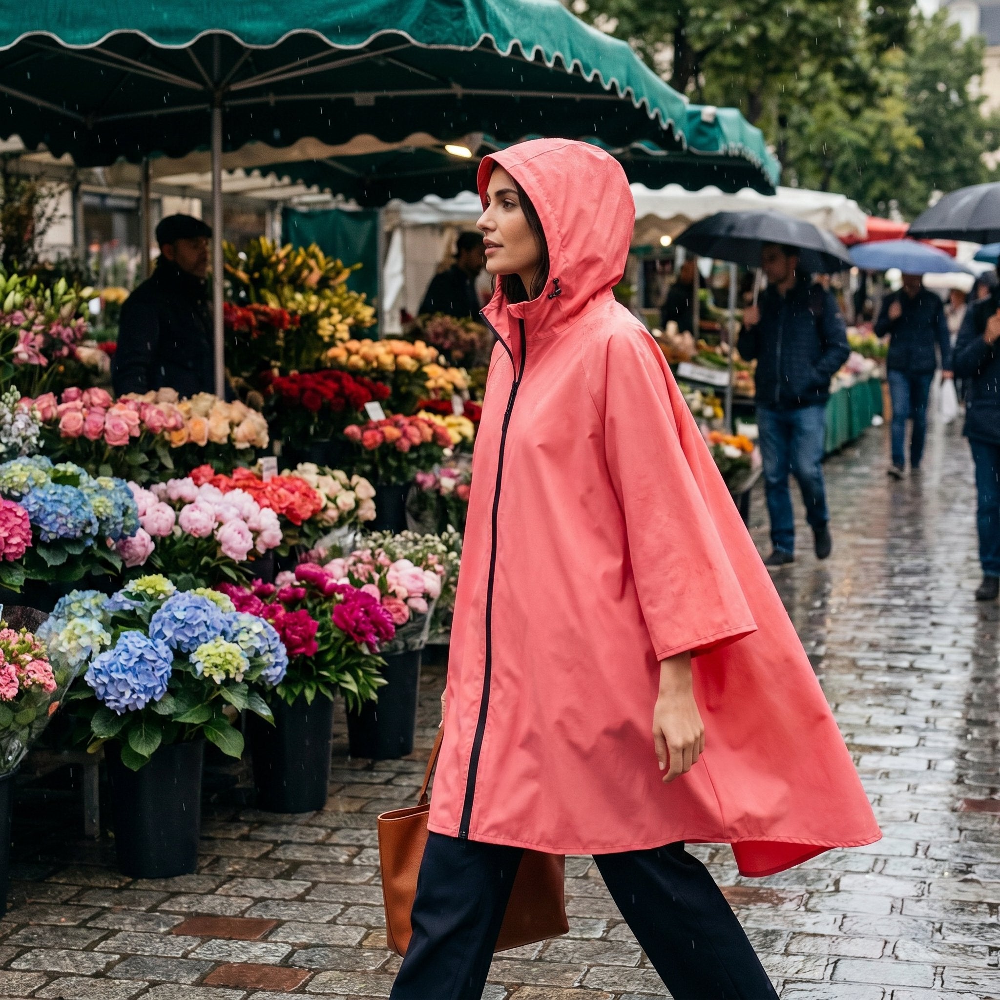 Poncho de pluie à capuche corail uni, porté par une femme marchant de côté dans une allée de marché aux fleurs.