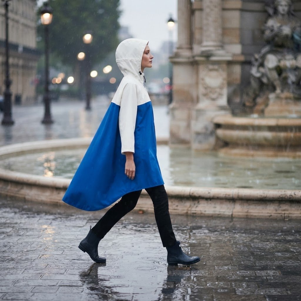 Poncho de pluie à capuche crème et bleu porté par une femme marchant de profil sous la pluie.