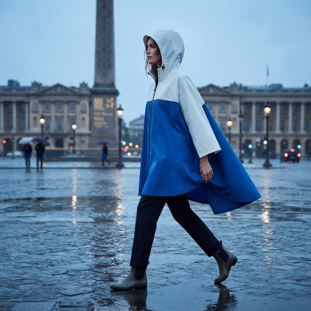 Poncho de pluie à capuche crème et bleu porté par une femme marchant près d'un obélisque.