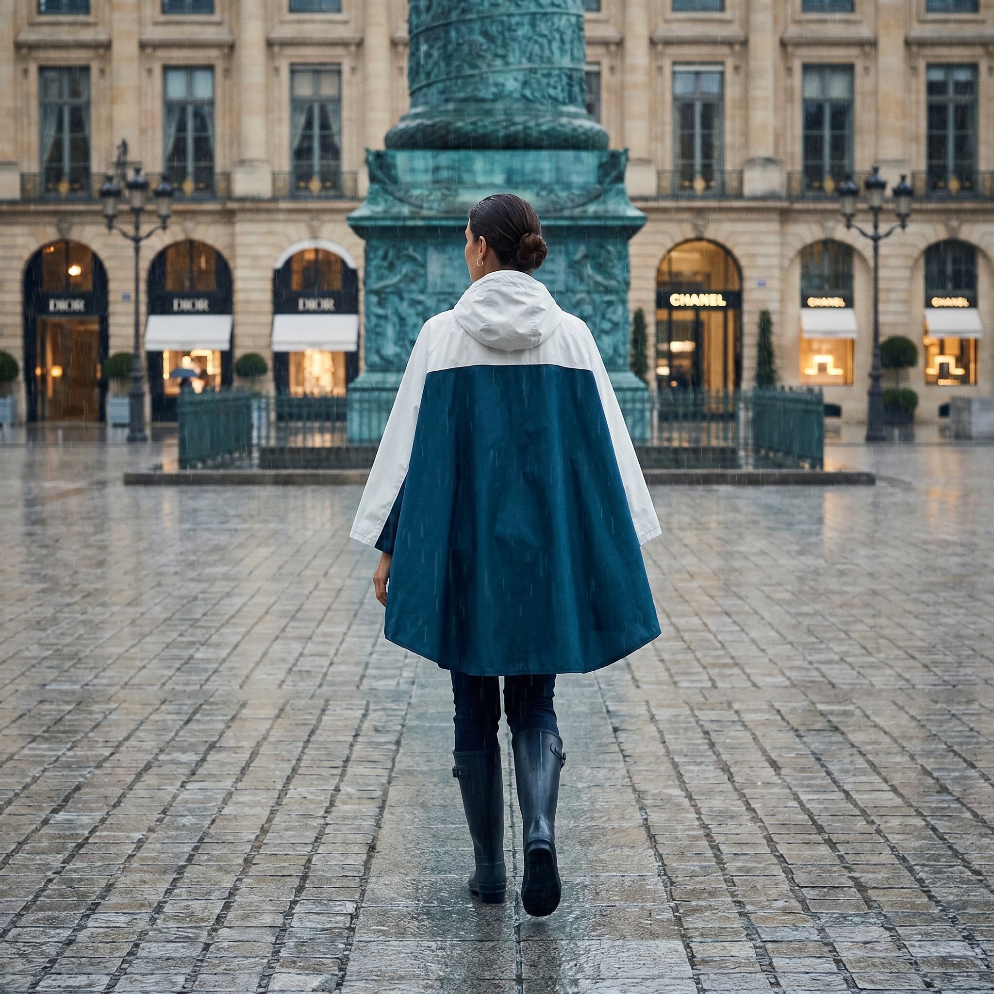 Poncho de pluie à capuche crème et bleu canard, porté de dos par une femme marchant dans une rue pavée.