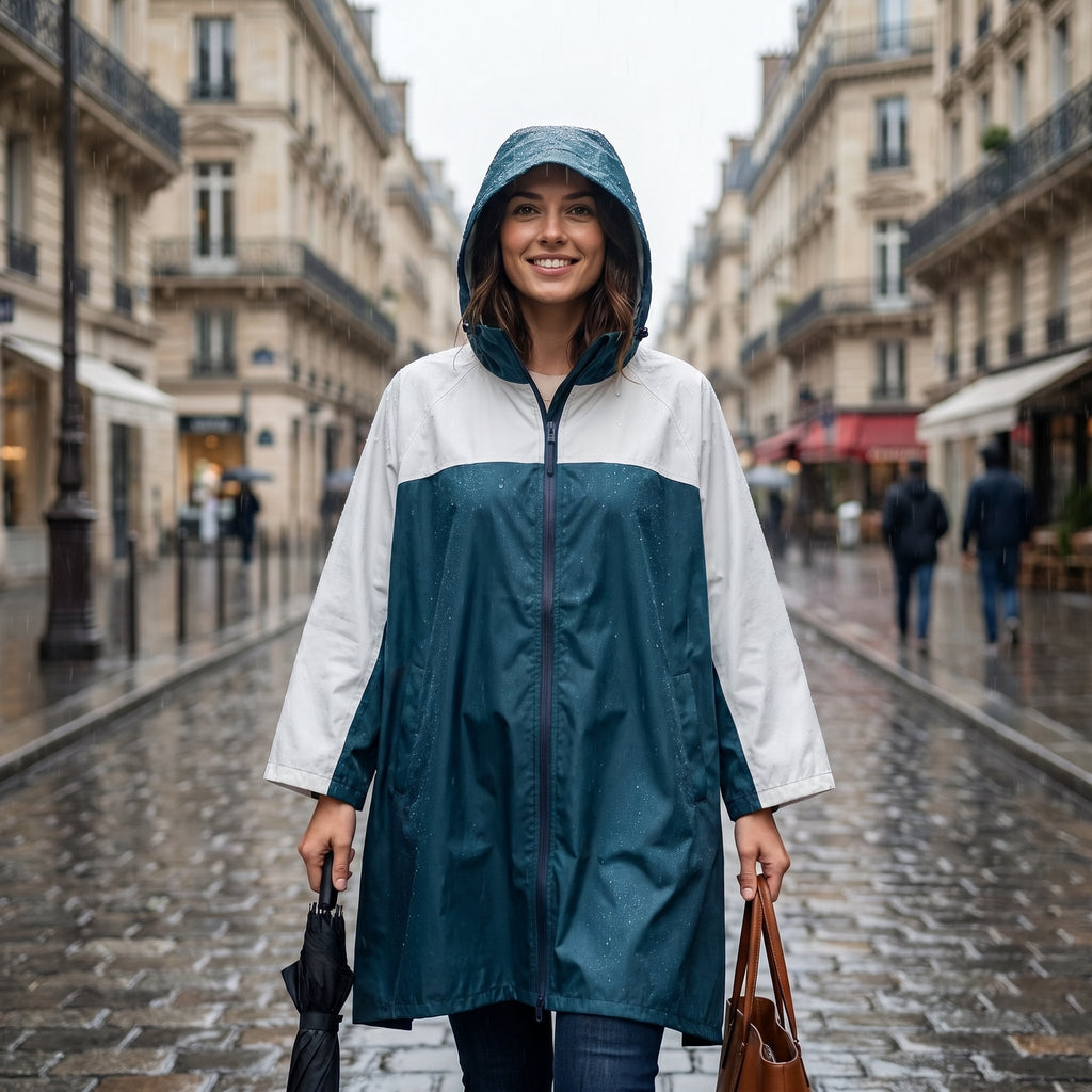 Poncho de pluie à capuche crème et bleu canard, porté par une femme souriante, en plan large dans une rue animée.