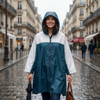 Poncho de pluie à capuche crème et bleu canard, porté par une femme souriante, en plan large dans une rue animée.