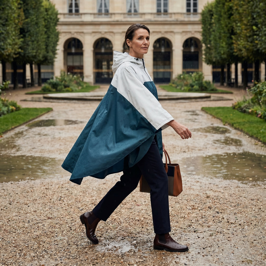 Poncho de pluie à capuche crème et bleu canard, porté de profil par une femme marchant dans une allée de parc.
