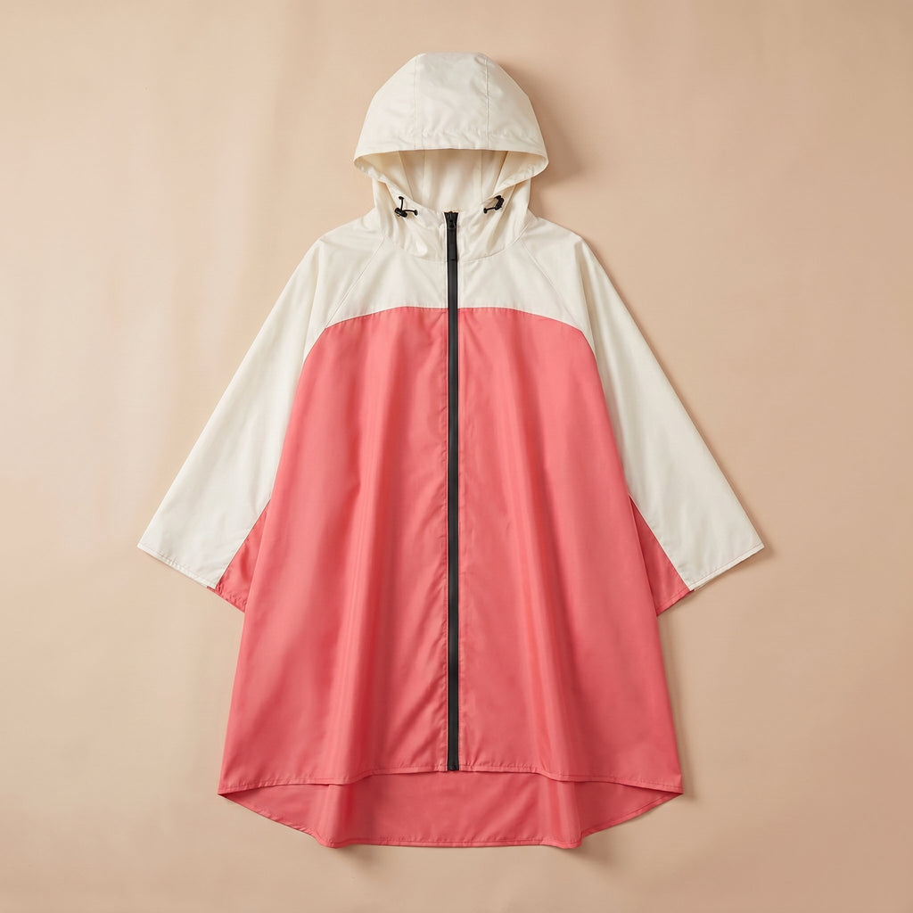 Poncho de pluie à capuche crème et corail, posé à plat sur un fond uni beige clair.