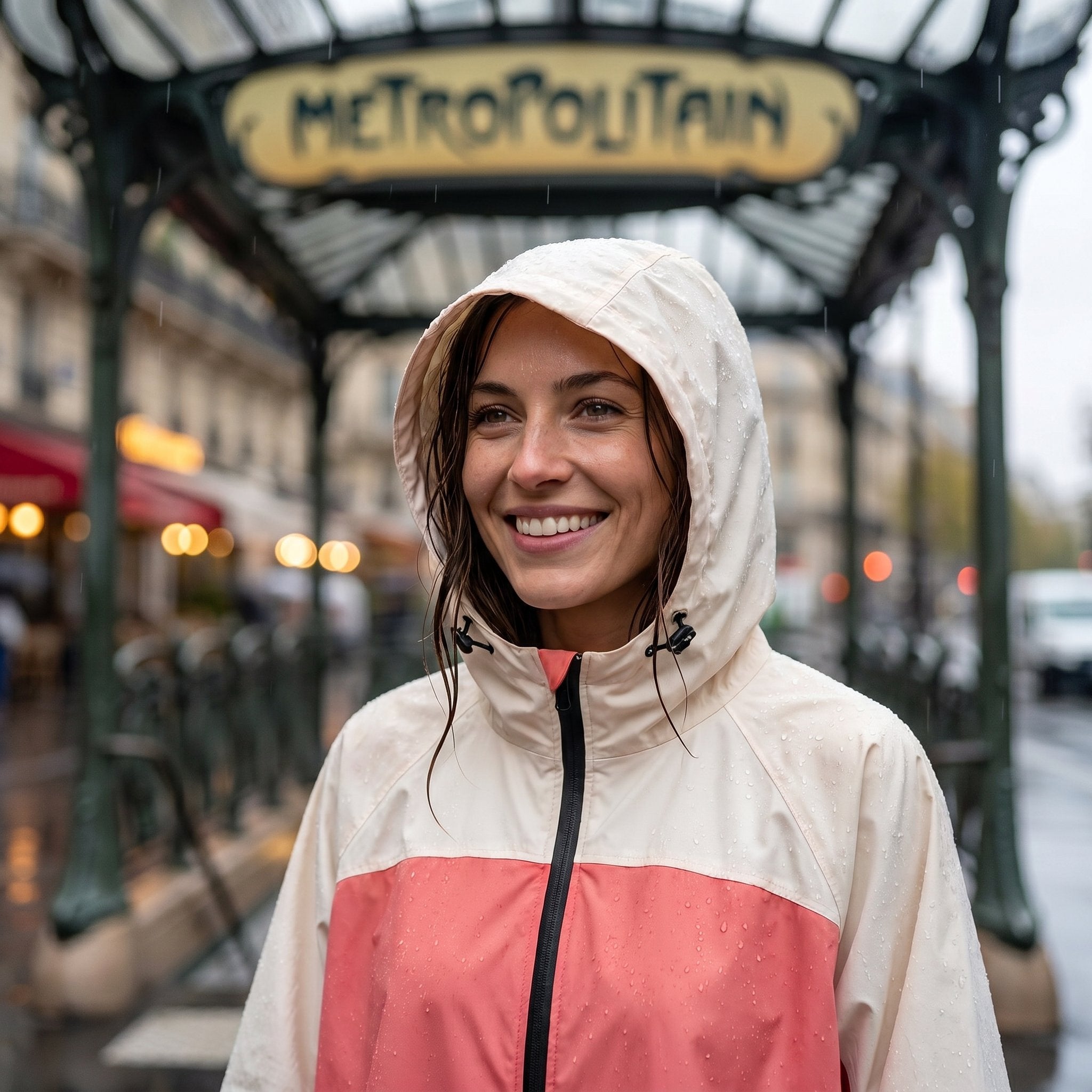 Poncho de pluie à capuche crème et corail, porté par une femme souriante, vue de face en gros plan sous la pluie.