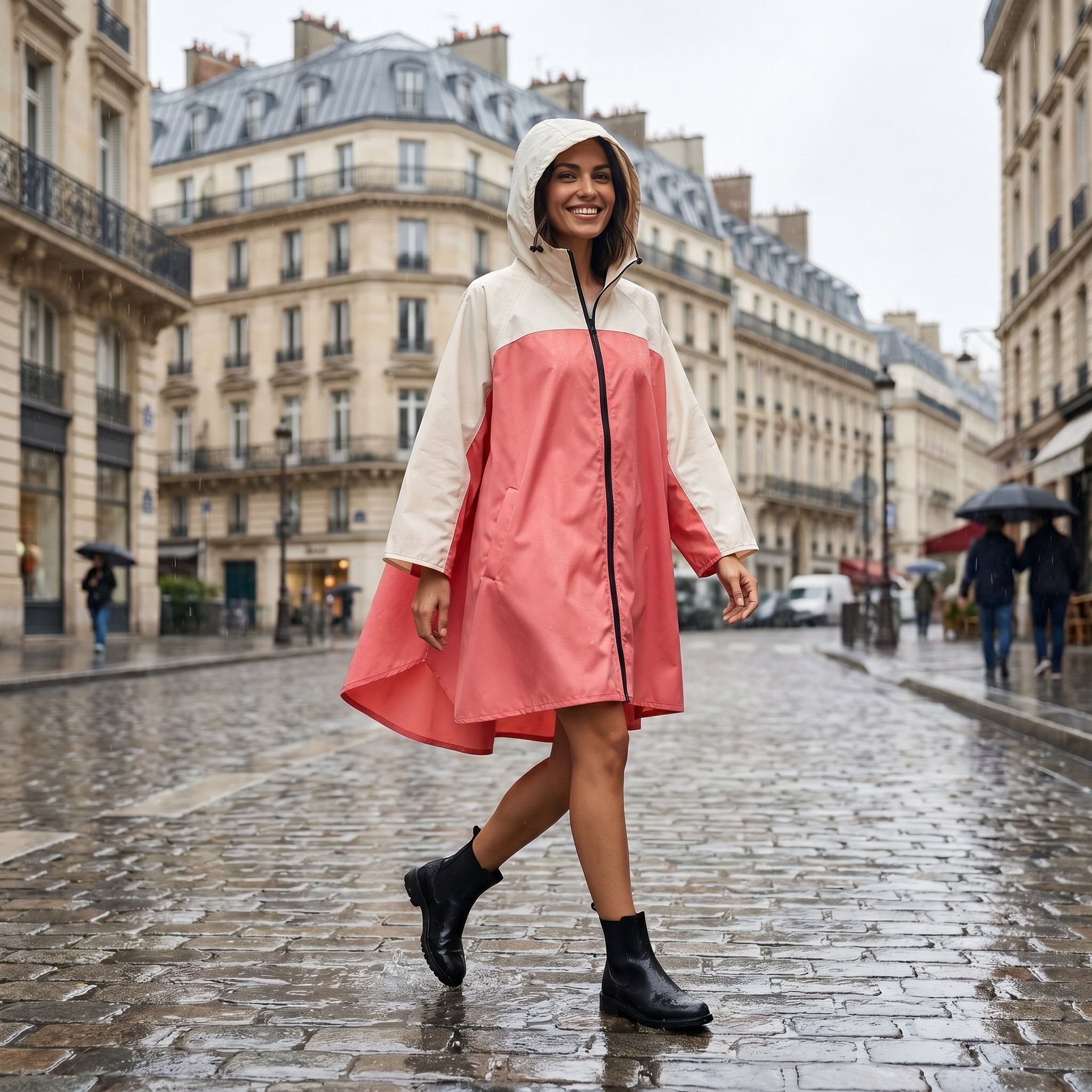 Poncho de pluie à capuche crème et corail, porté par une femme souriante marchant dans une rue pavée sous la pluie.