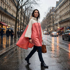 Poncho de pluie à capuche crème et corail, porté par une femme marchant de côté dans une rue urbaine mouillée.