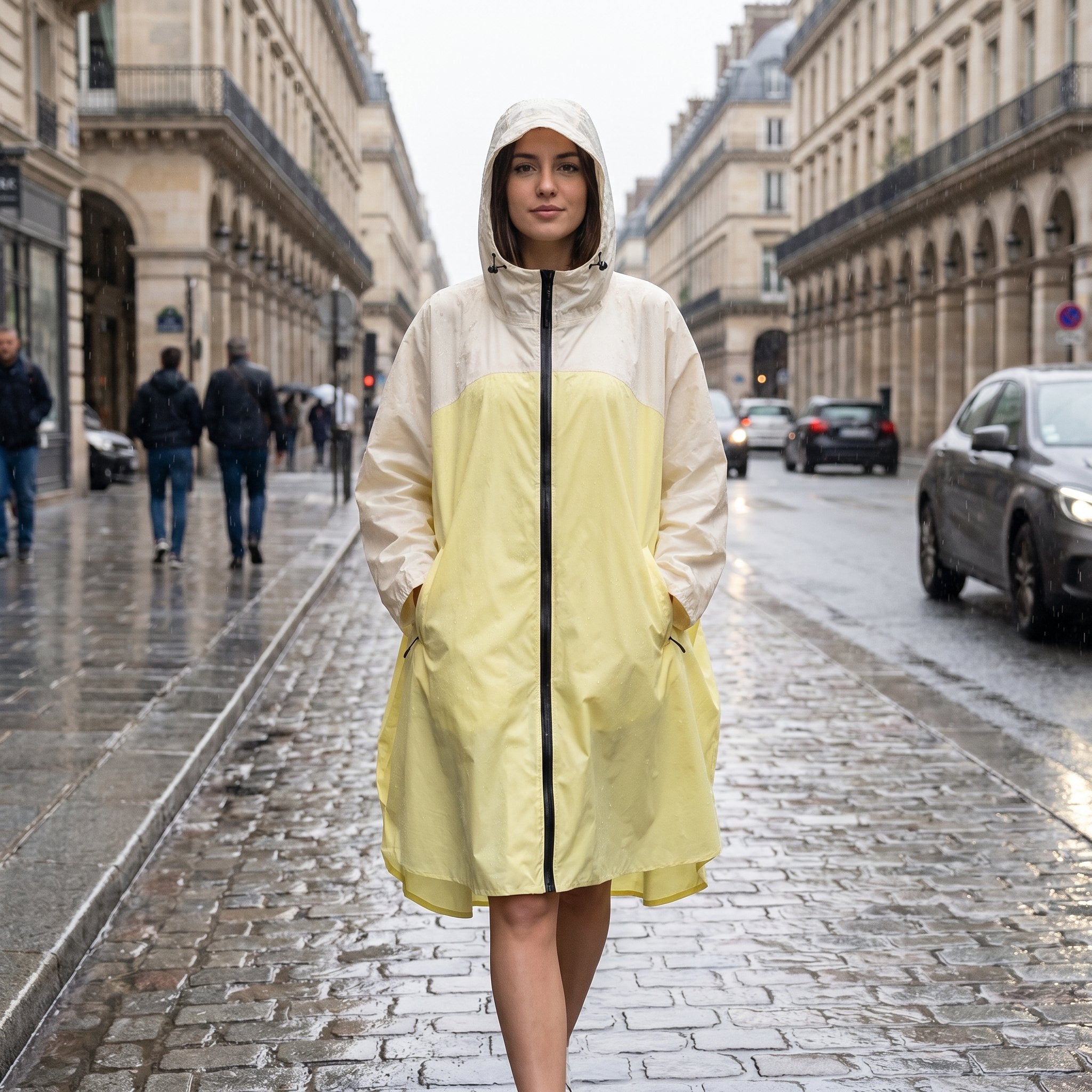 Poncho de pluie à capuche crème et jaune, porté par une femme marchant sur une rue pavée mouillée.