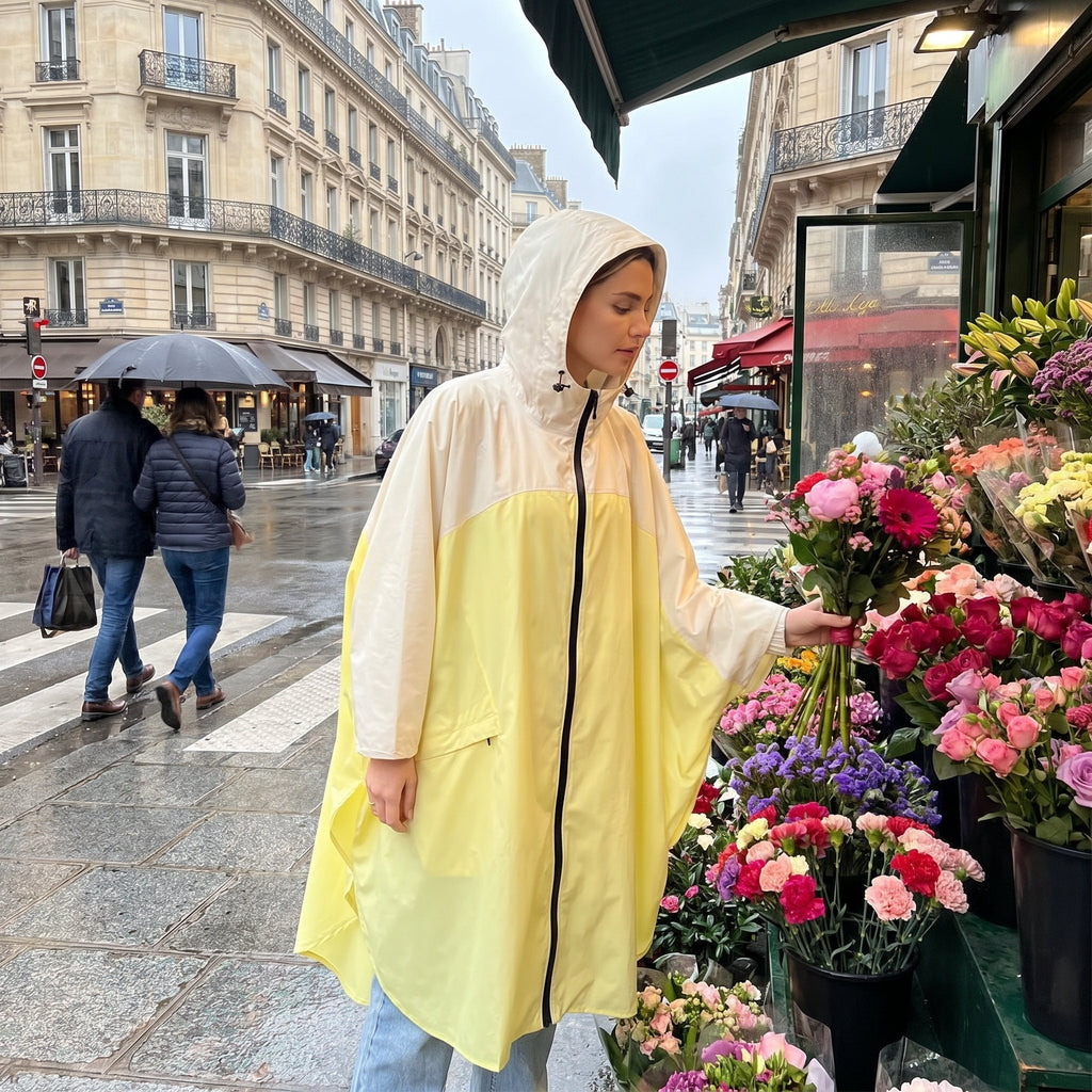 Poncho de pluie à capuche crème et jaune, porté par une femme admirant des fleurs colorées en ville.