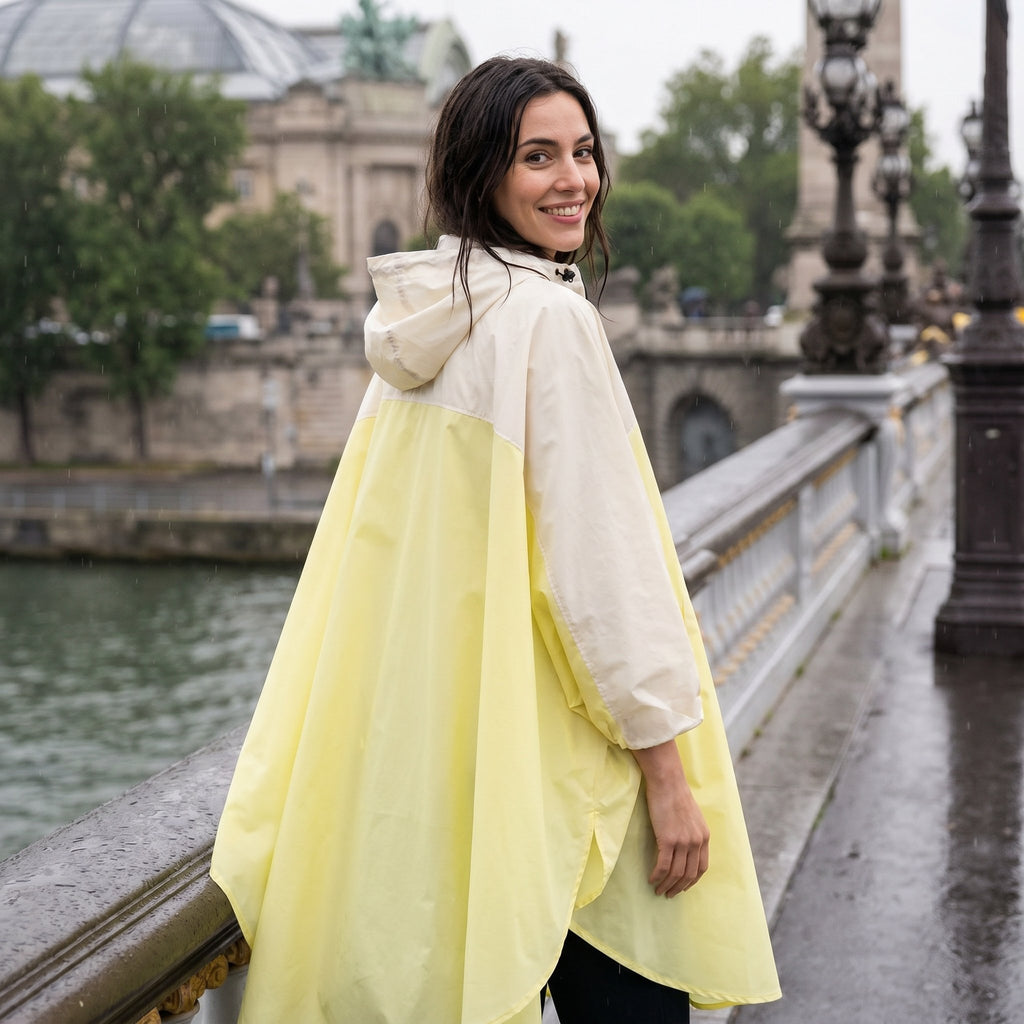 Poncho de pluie à capuche crème et jaune, porté par une femme souriante, vue de dos sur un pont.