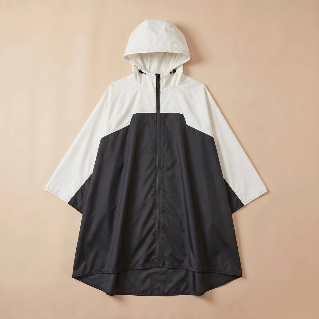 Poncho de pluie à capuche crème et noir, posé à plat sur un fond uni beige clair.