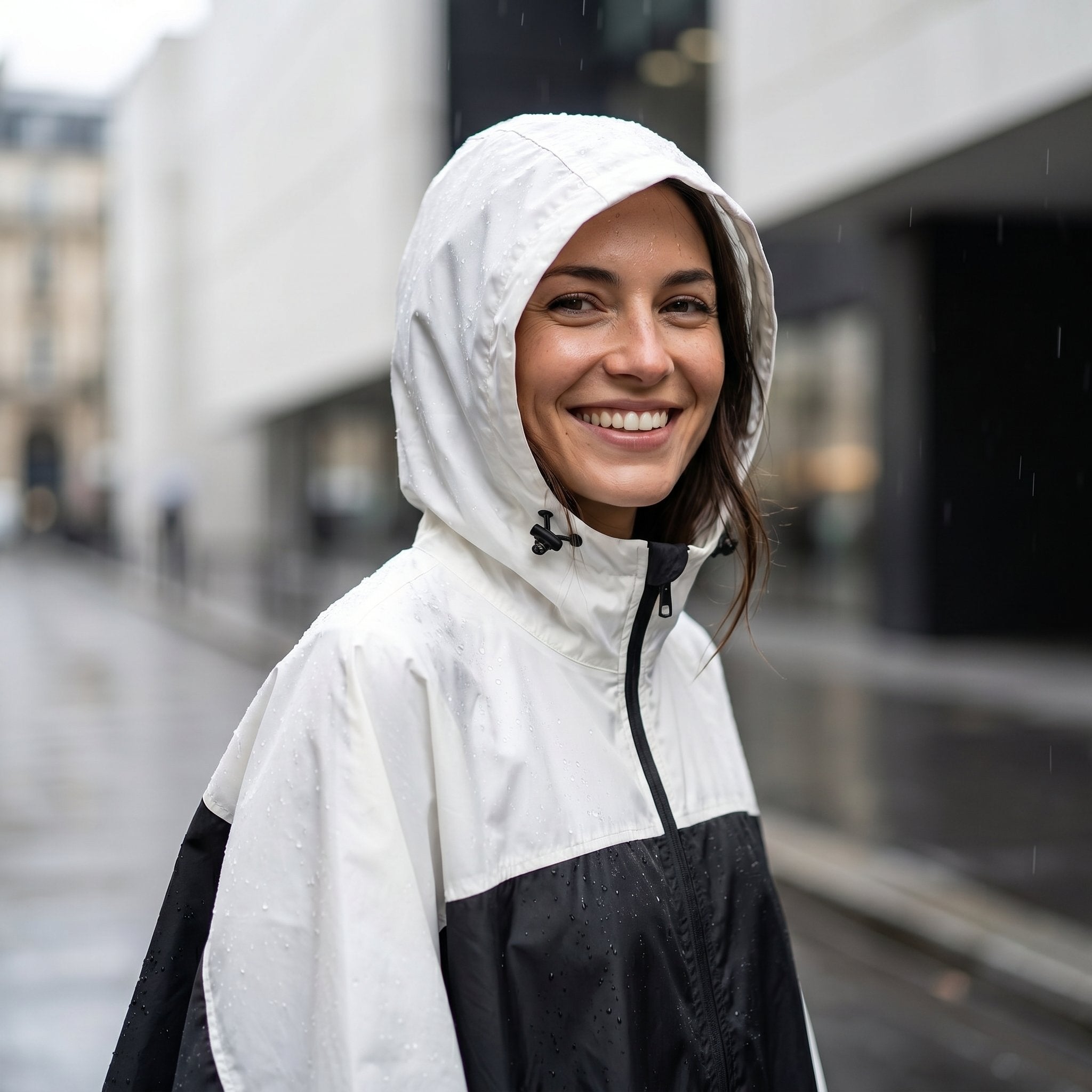Poncho de pluie à capuche crème et noir, porté par une femme souriante, en gros plan sous la pluie.