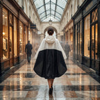 Poncho de pluie à capuche crème et noir, vu de dos, porté par une femme marchant dans une galerie couverte.