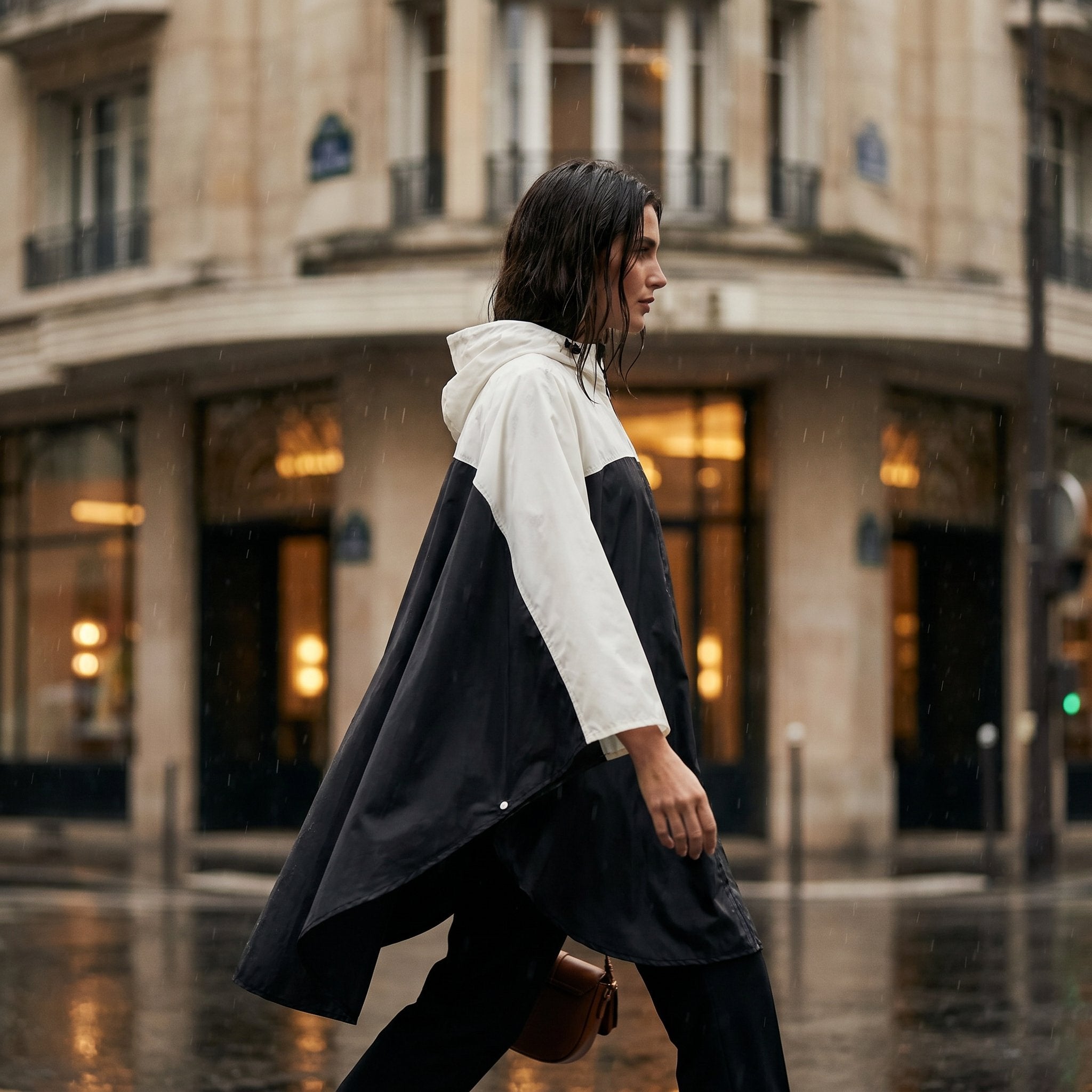 Poncho de pluie à capuche crème et noir, porté par une femme marchant de profil dans une rue urbaine sous la pluie.