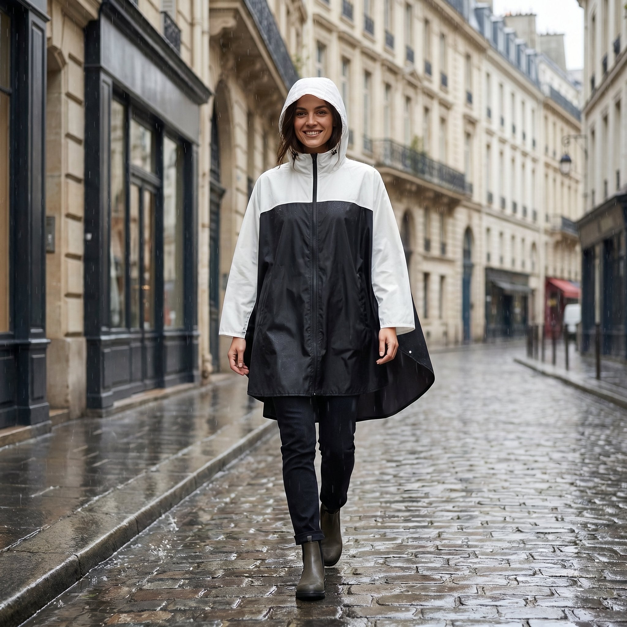 Poncho de pluie à capuche crème et noir, porté par une femme marchant de face dans une ruelle pavée mouillée.