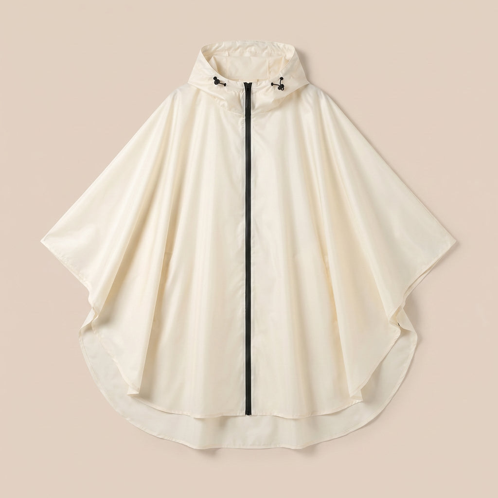 Poncho de pluie à capuche crème uni, présenté à plat sur un fond beige clair, vue de face.