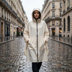 Poncho de pluie à capuche crème uni, porté par une femme marchant dans une rue pavée sous la pluie, vue de face.