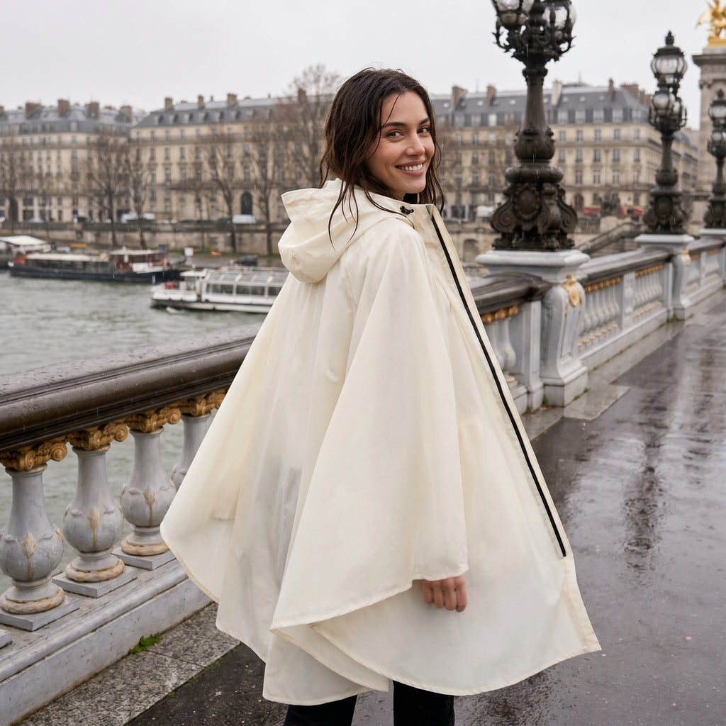 Poncho de pluie à capuche crème uni, porté par une femme souriante, de dos sur un pont, regardant par-dessus son épaule.