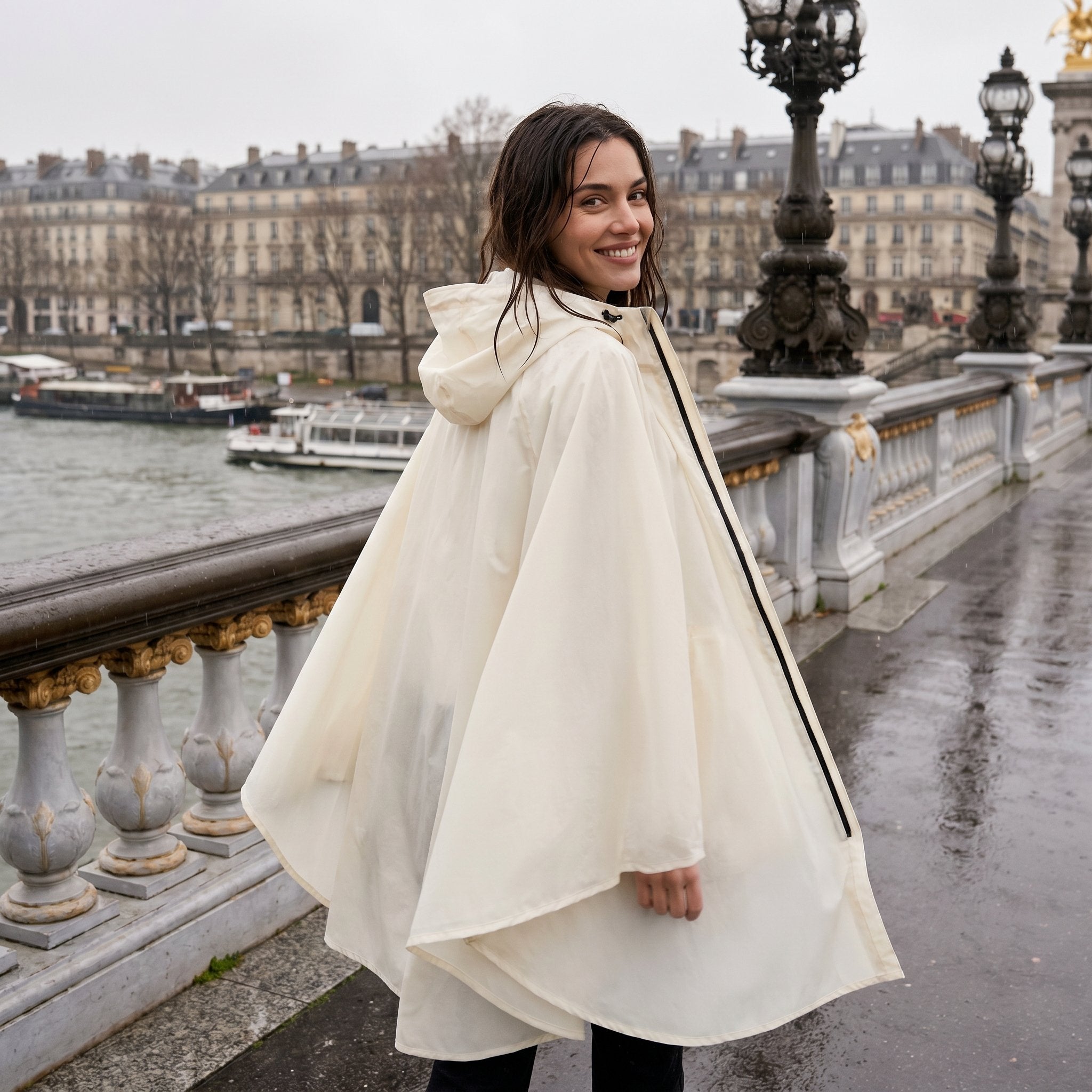 Poncho de pluie à capuche crème uni, porté par une femme souriante, de dos sur un pont, regardant par-dessus son épaule.