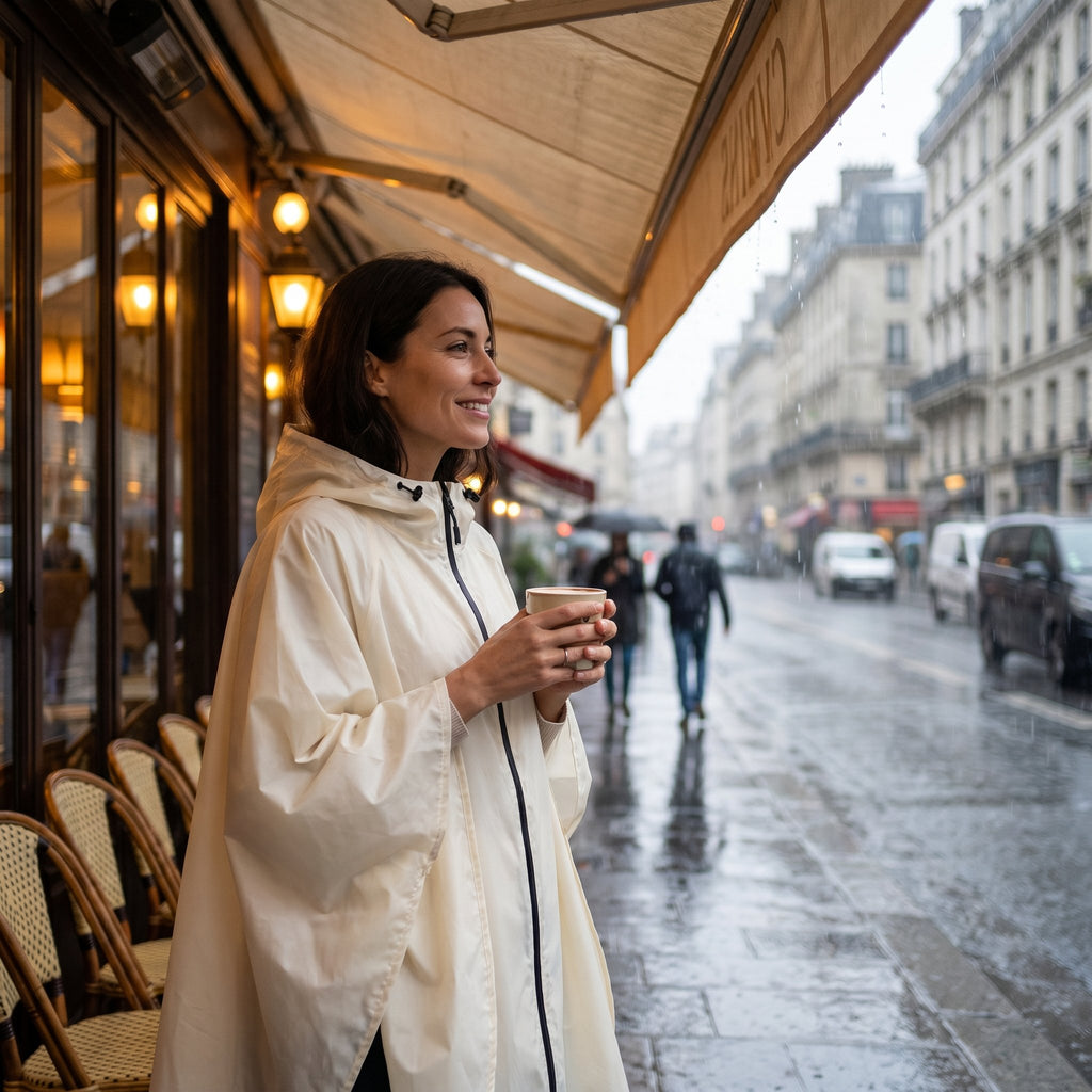 Poncho de pluie à capuche crème uni, porté par une femme tenant une tasse, debout devant la terrasse d'un café sous la pluie.