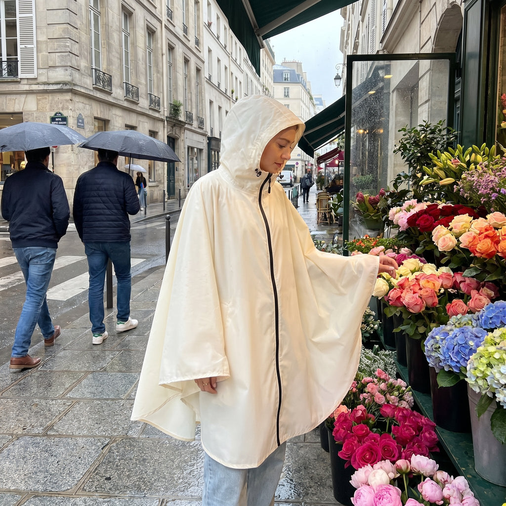 Poncho de pluie à capuche crème uni, porté par une femme regardant des fleurs colorées devant une boutique, vue de profil.