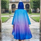Poncho de pluie à capuche dégradé bleu et violet, porté de dos par une personne marchant sous la pluie.