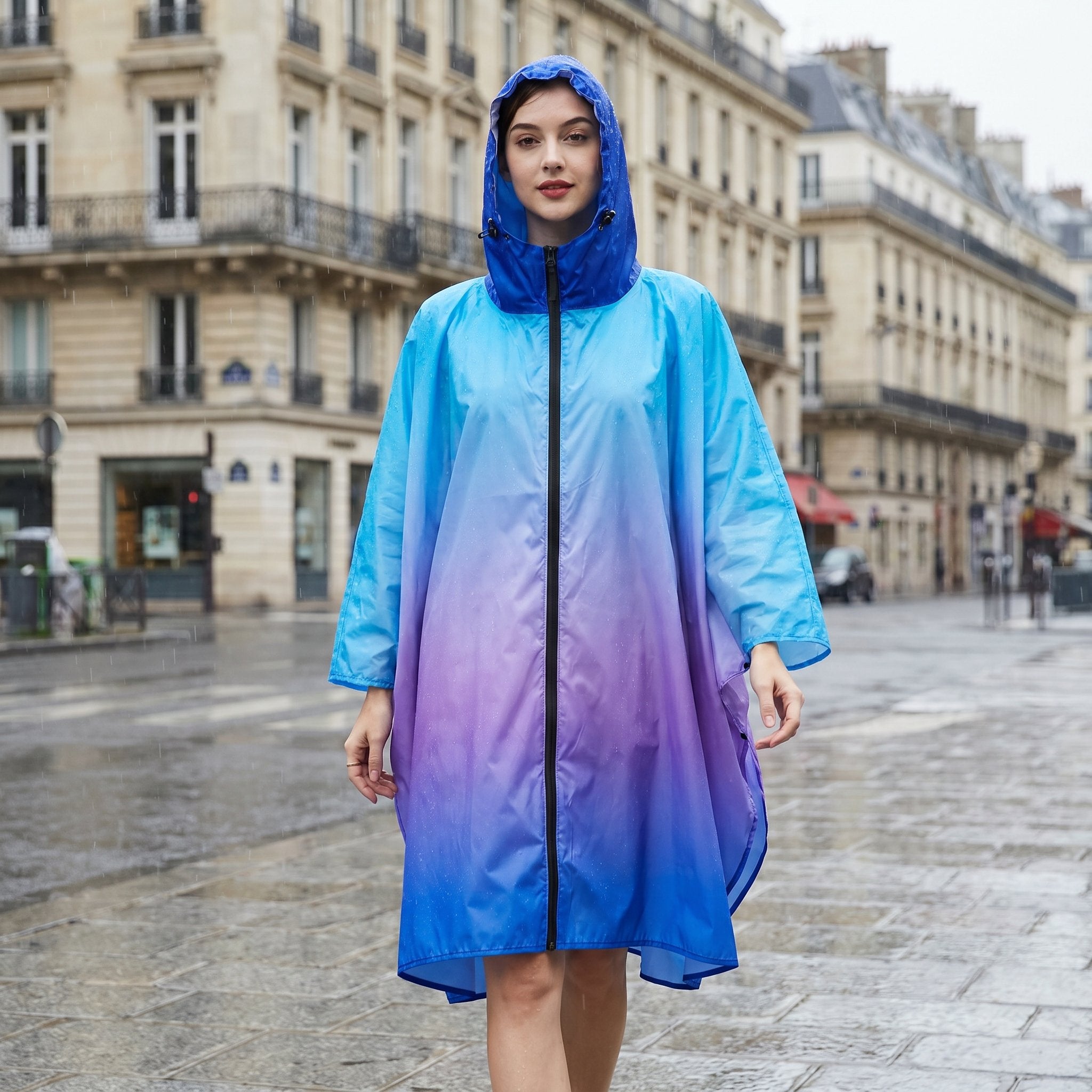 Poncho de pluie à capuche dégradé bleu et violet, porté de face par une personne marchant sur une rue mouillée.