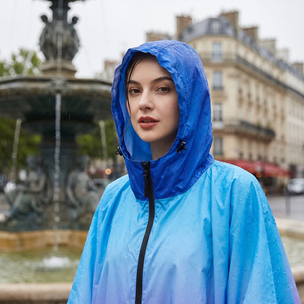 Poncho de pluie à capuche dégradé bleu et violet, porté en gros plan par une personne près d'une fontaine.