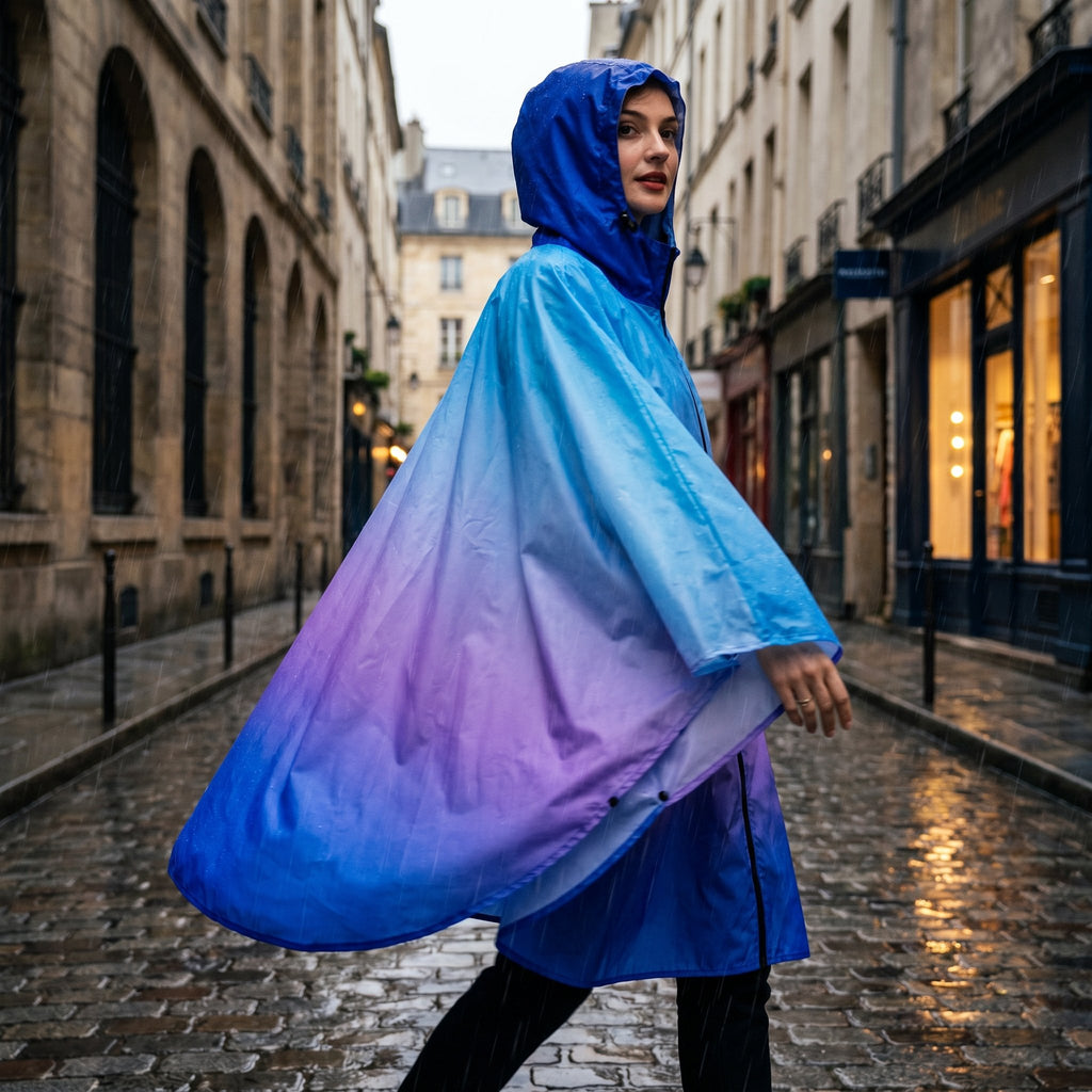 Poncho de pluie à capuche dégradé bleu et violet, porté par une personne marchant sur une rue pavée sous la pluie.