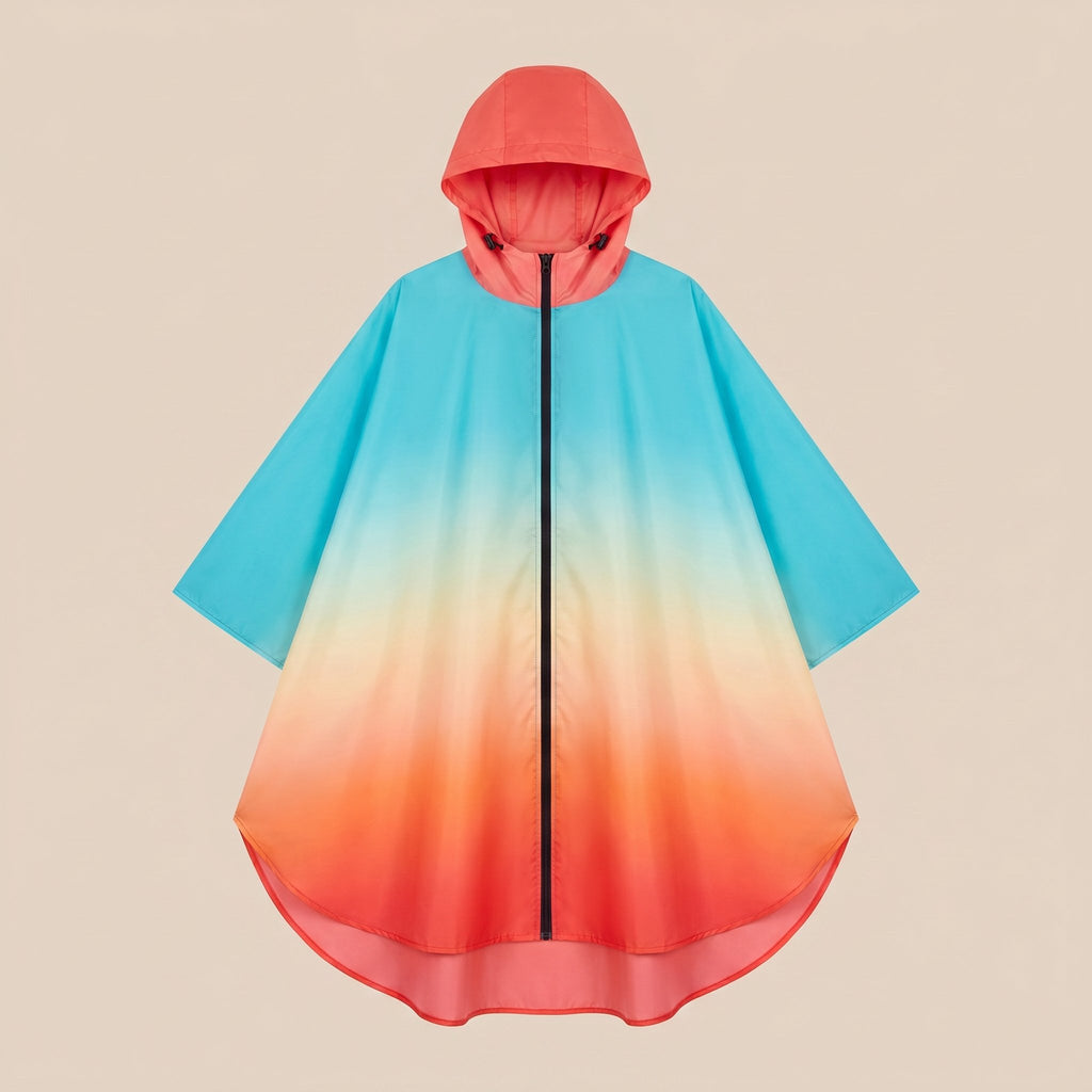 Poncho de pluie à capuche dégradé ciel et corail, présenté à plat sur un fond uni, vu de face.