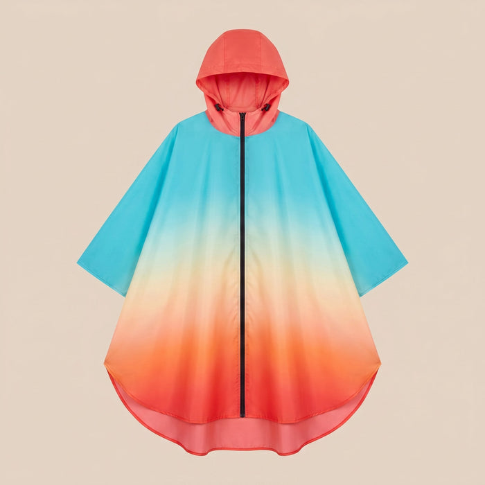 Poncho de pluie à capuche dégradé ciel et corail, présenté à plat sur un fond uni, vu de face.