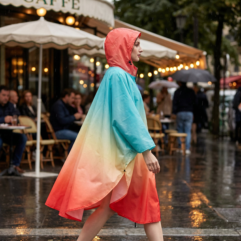 Poncho de pluie à capuche dégradé ciel et corail, porté par une femme marchant de profil dans une rue mouillée.