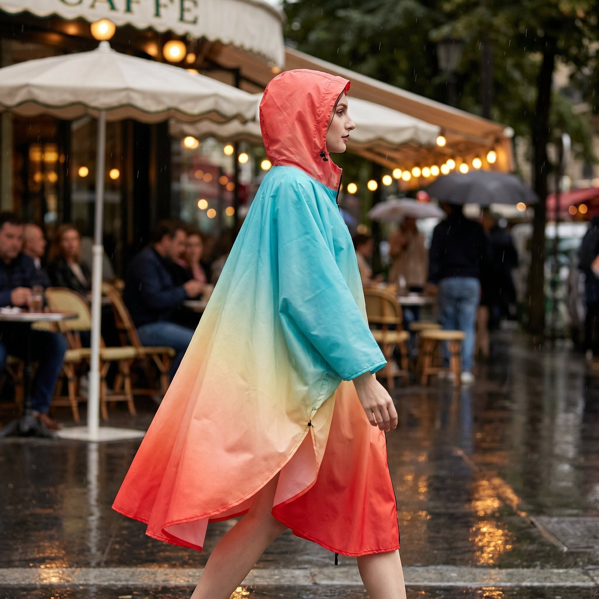 Poncho de pluie à capuche dégradé ciel et corail, porté par une femme marchant de profil dans une rue mouillée.