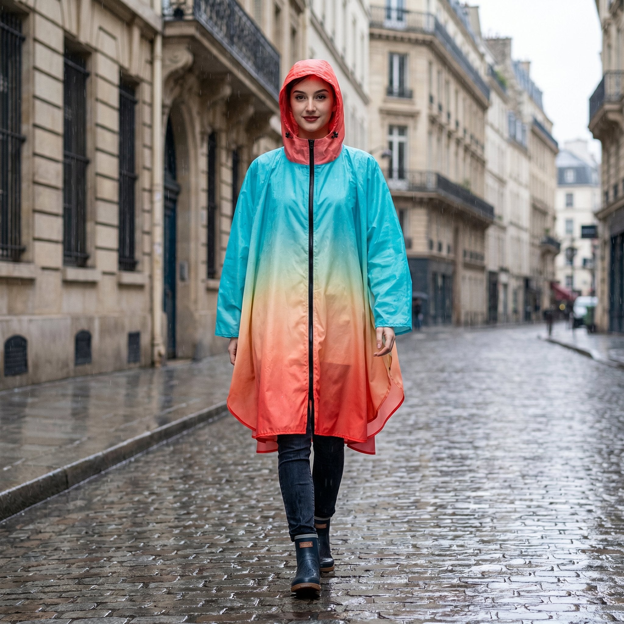 Poncho de pluie à capuche dégradé ciel et corail, porté par une femme marchant de face sur un trottoir pavé sous la pluie.